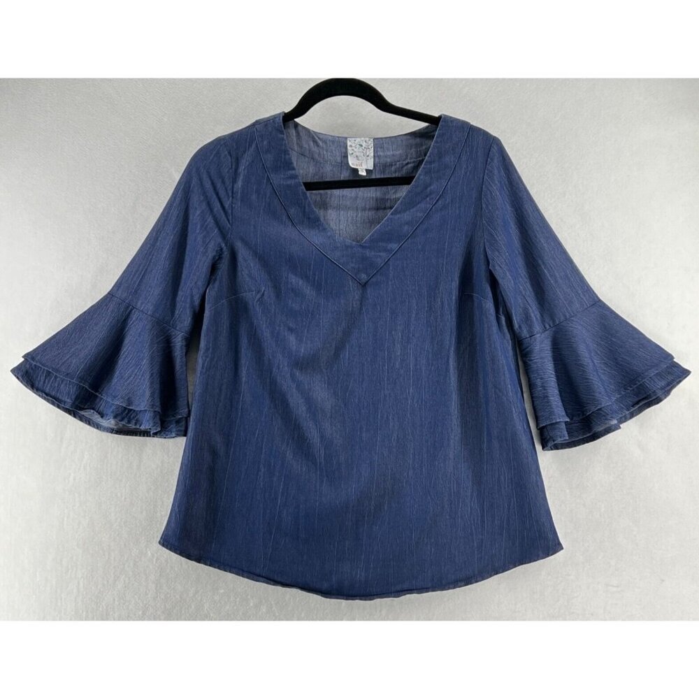 Naif Blouse Women Sz Small Denim Stretch V-Neck Bell 3/4 Sleeve Rayon Blend Blue